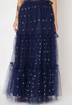 Sequinned Net Skirt in Navy Blue