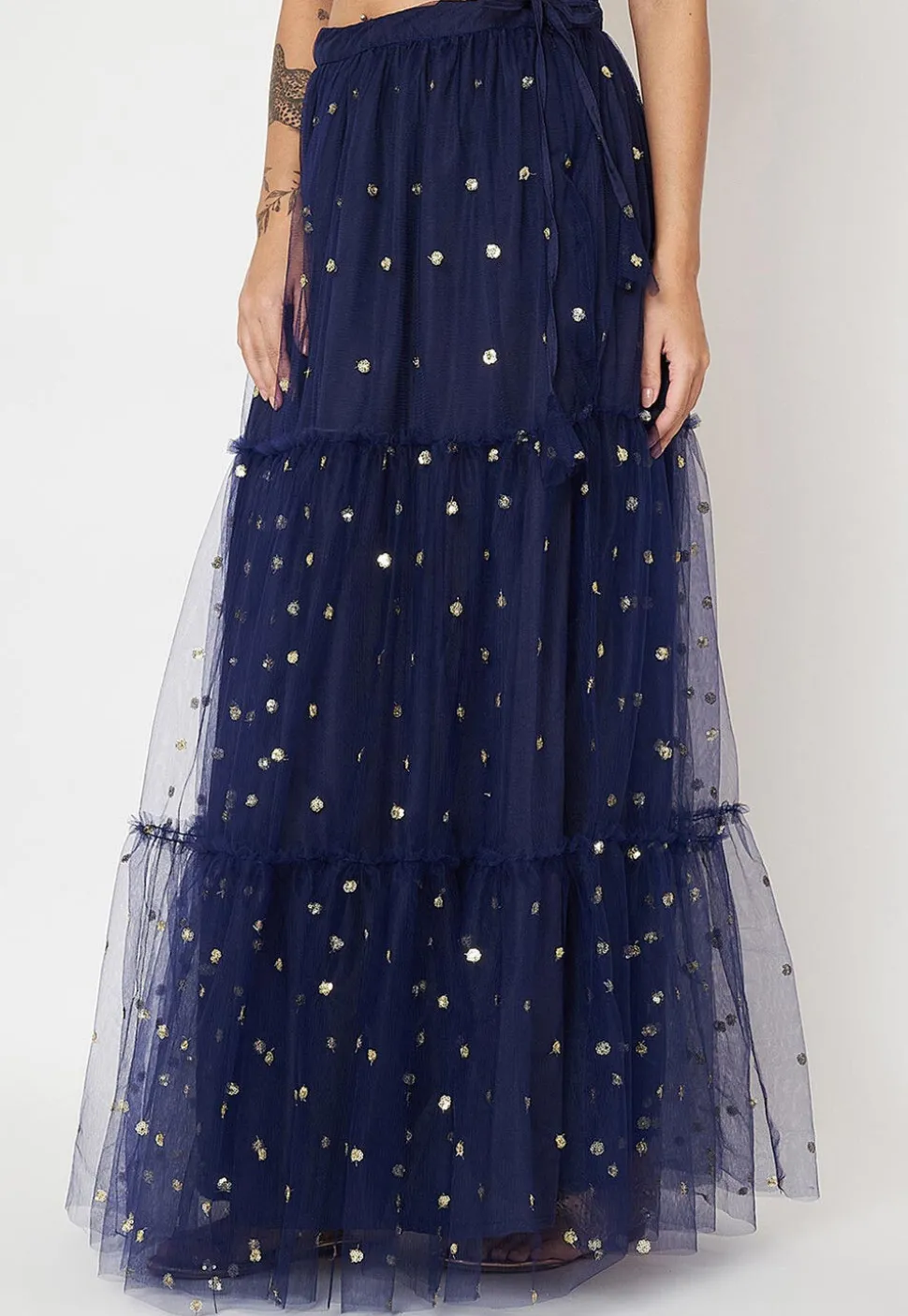 Sequinned Net Skirt in Navy Blue