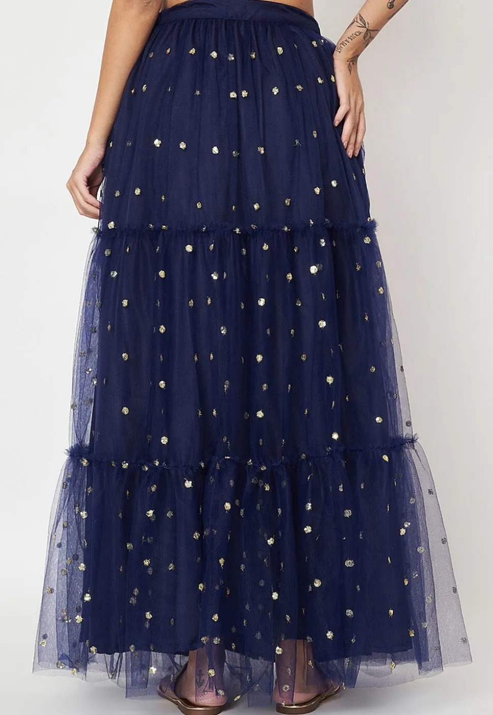 Sequinned Net Skirt in Navy Blue