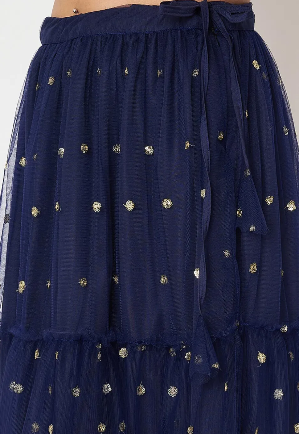 Sequinned Net Skirt in Navy Blue