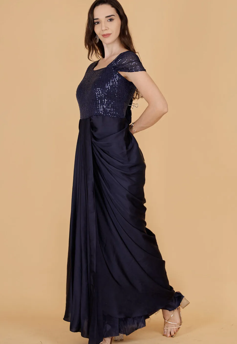 Sequinned Satin Gown in Navy Blue