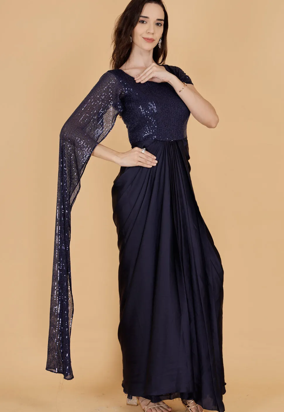 Sequinned Satin Gown in Navy Blue