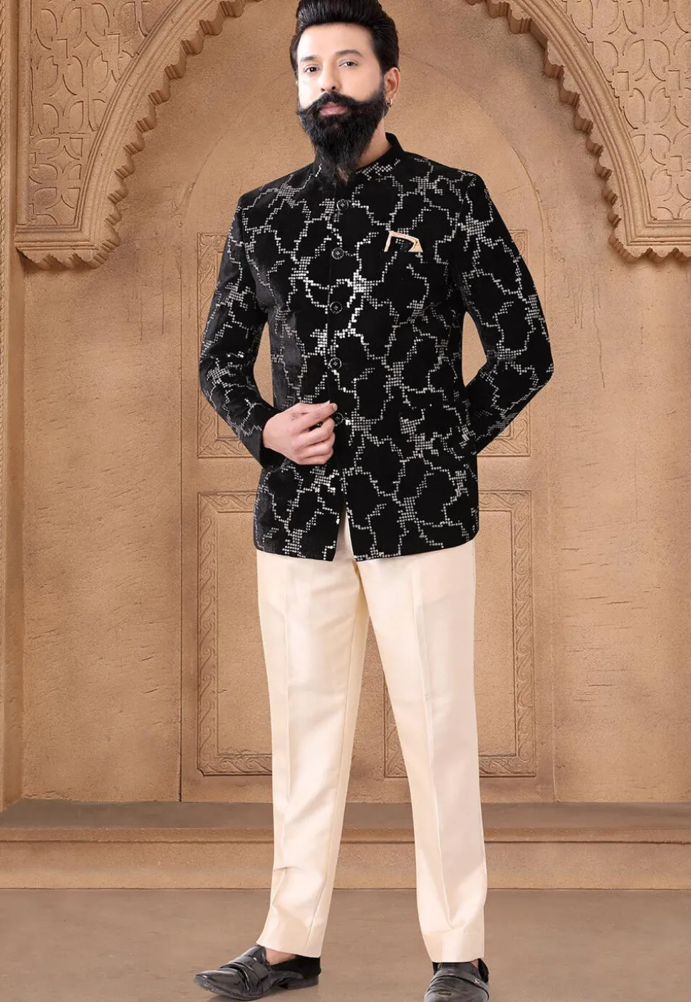 Sequinned Velvet Jodhpuri Suit in Black