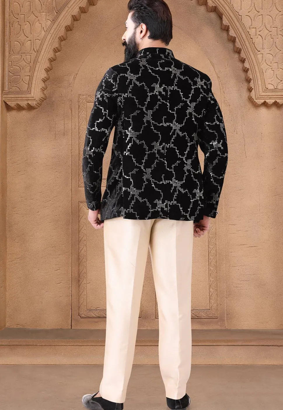 Sequinned Velvet Jodhpuri Suit in Black
