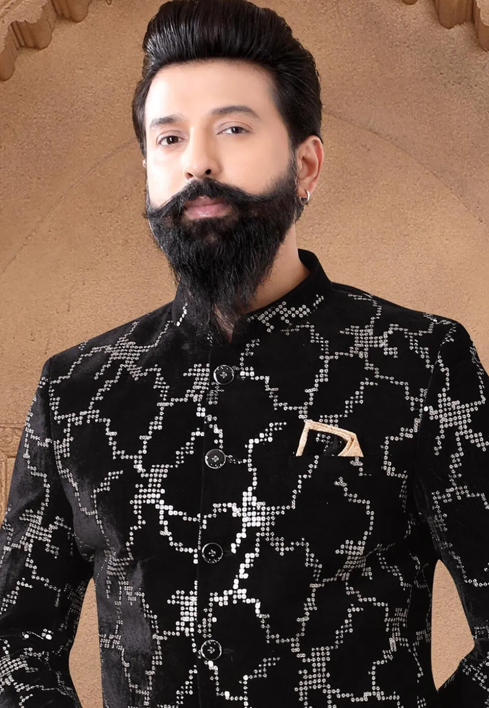 Sequinned Velvet Jodhpuri Suit in Black