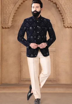 Sequinned Velvet Jodhpuri Suit in Navy Blue