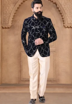 Sequinned Velvet Jodhpuri Suit in Navy Blue