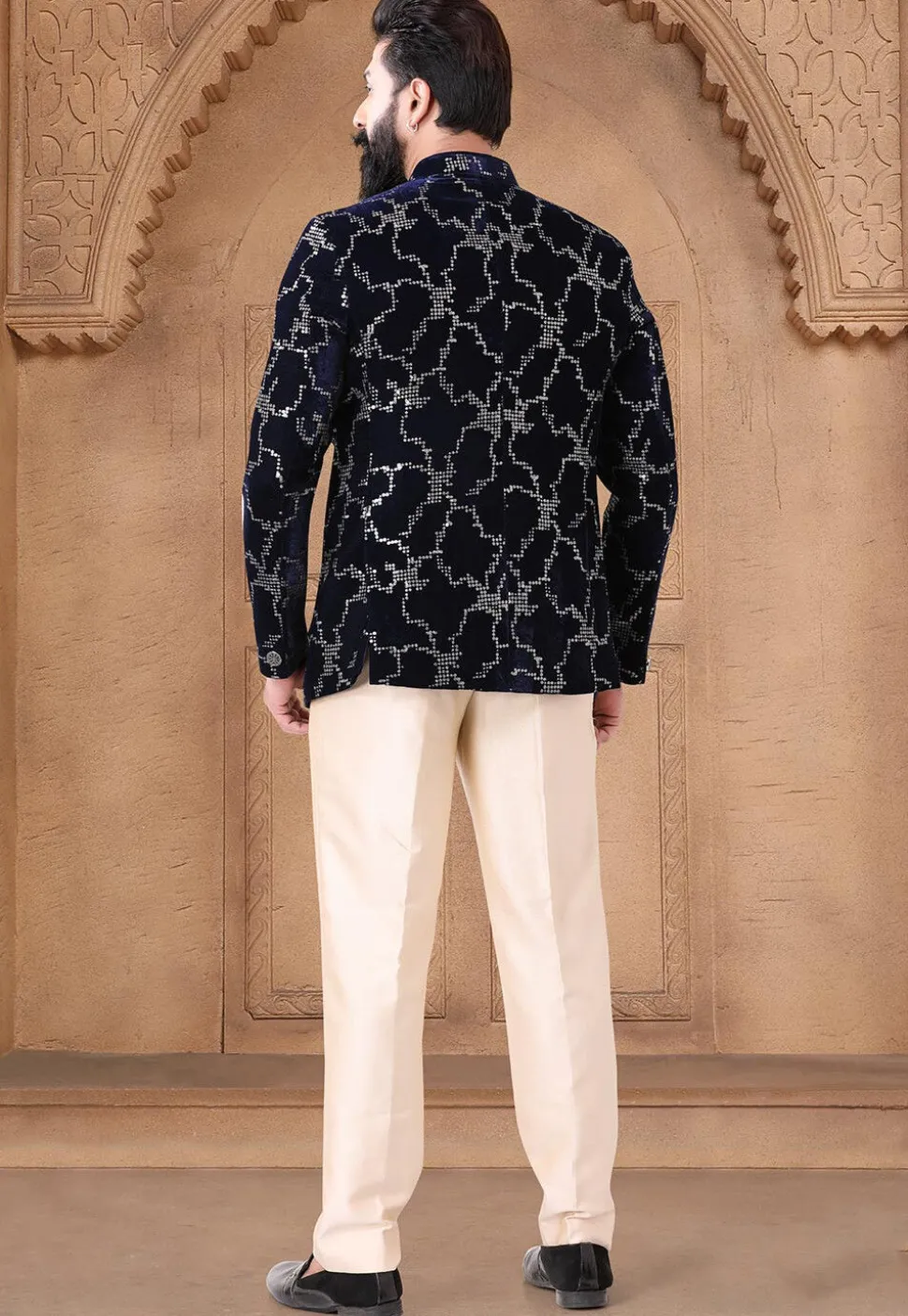 Sequinned Velvet Jodhpuri Suit in Navy Blue