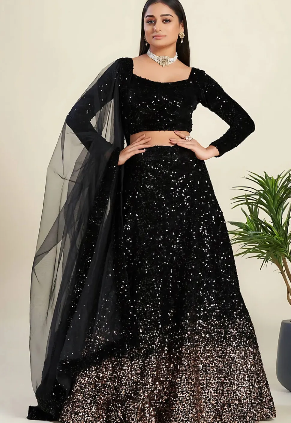 Sequinned Velvet Lehenga in Black
