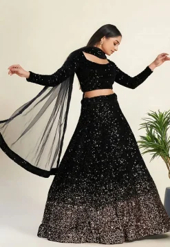 Sequinned Velvet Lehenga in Black