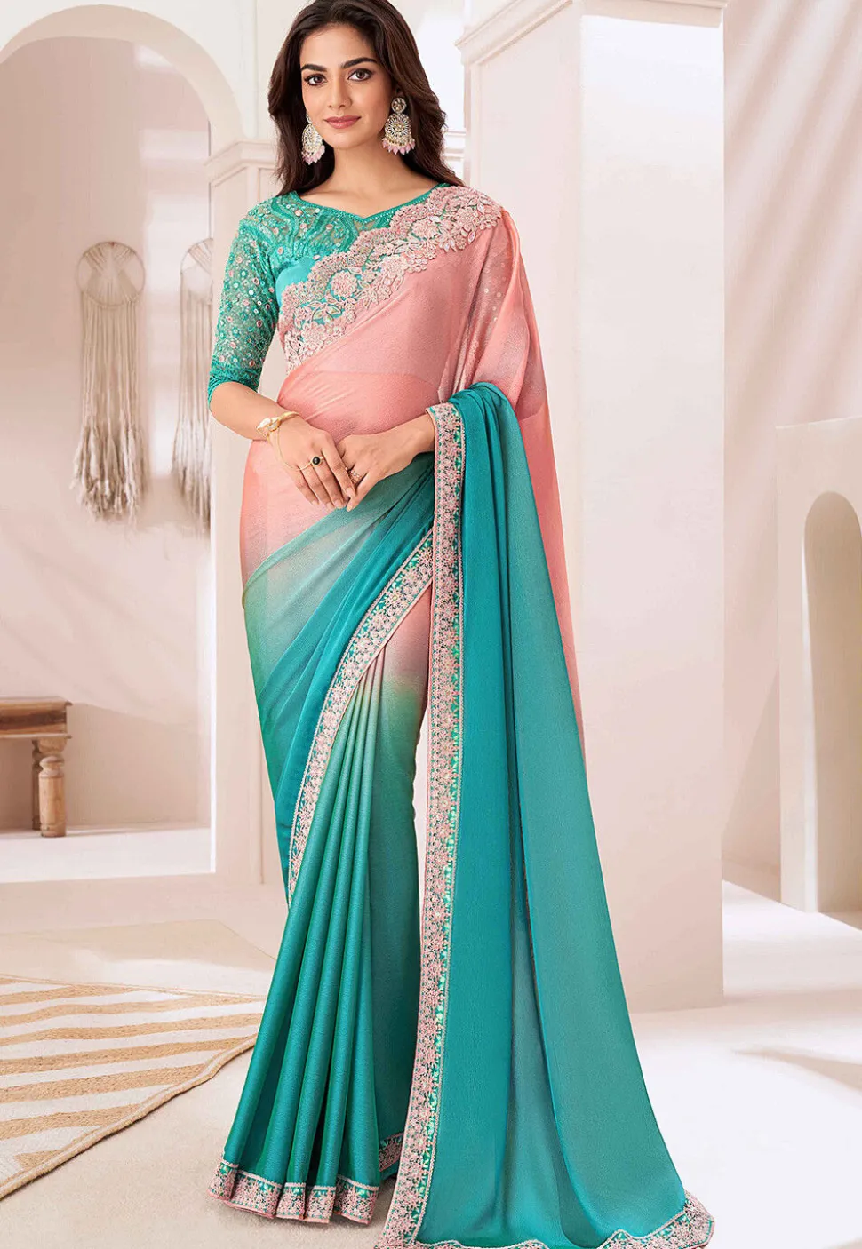 Shaded Chiffon Saree in Shaded Peach and Turquoise