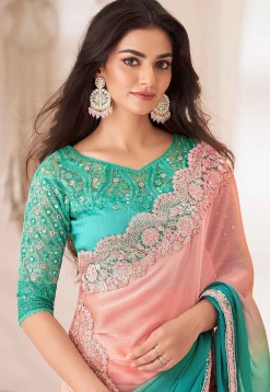 Shaded Chiffon Saree in Shaded Peach and Turquoise