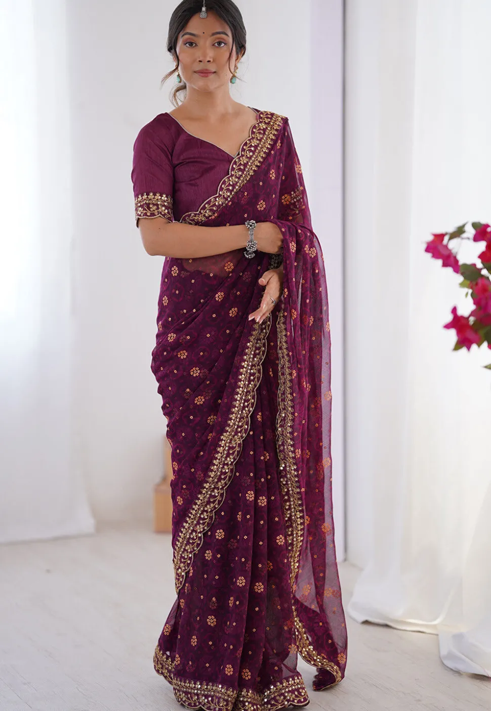Shibhori Printed Georgette Scalloped Saree in Purple