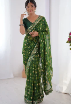 Shibhori Printed Georgette Scalloped Saree in Green
