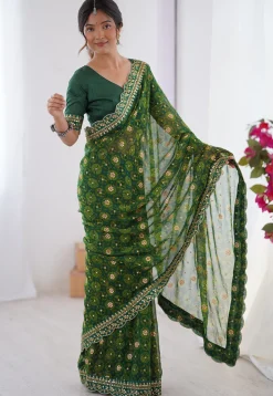 Shibhori Printed Georgette Scalloped Saree in Green