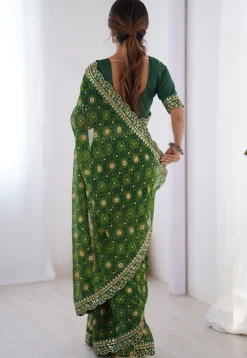 Shibhori Printed Georgette Scalloped Saree in Green