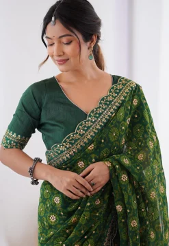 Shibhori Printed Georgette Scalloped Saree in Green