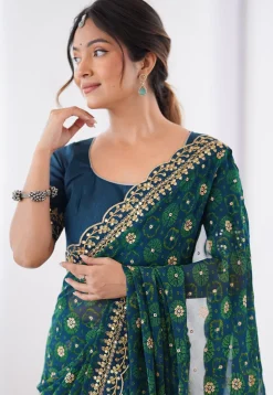 Shibhori Printed Georgette Scalloped Saree in Teal Blue