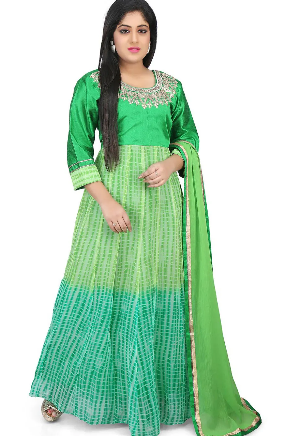 Shibori Dyed Georgette Abaya Style Suit in Shaded Green
