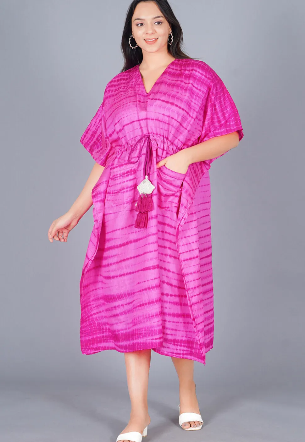 Shibori Dyed Pure Silk Kaftan in Shaded Pink