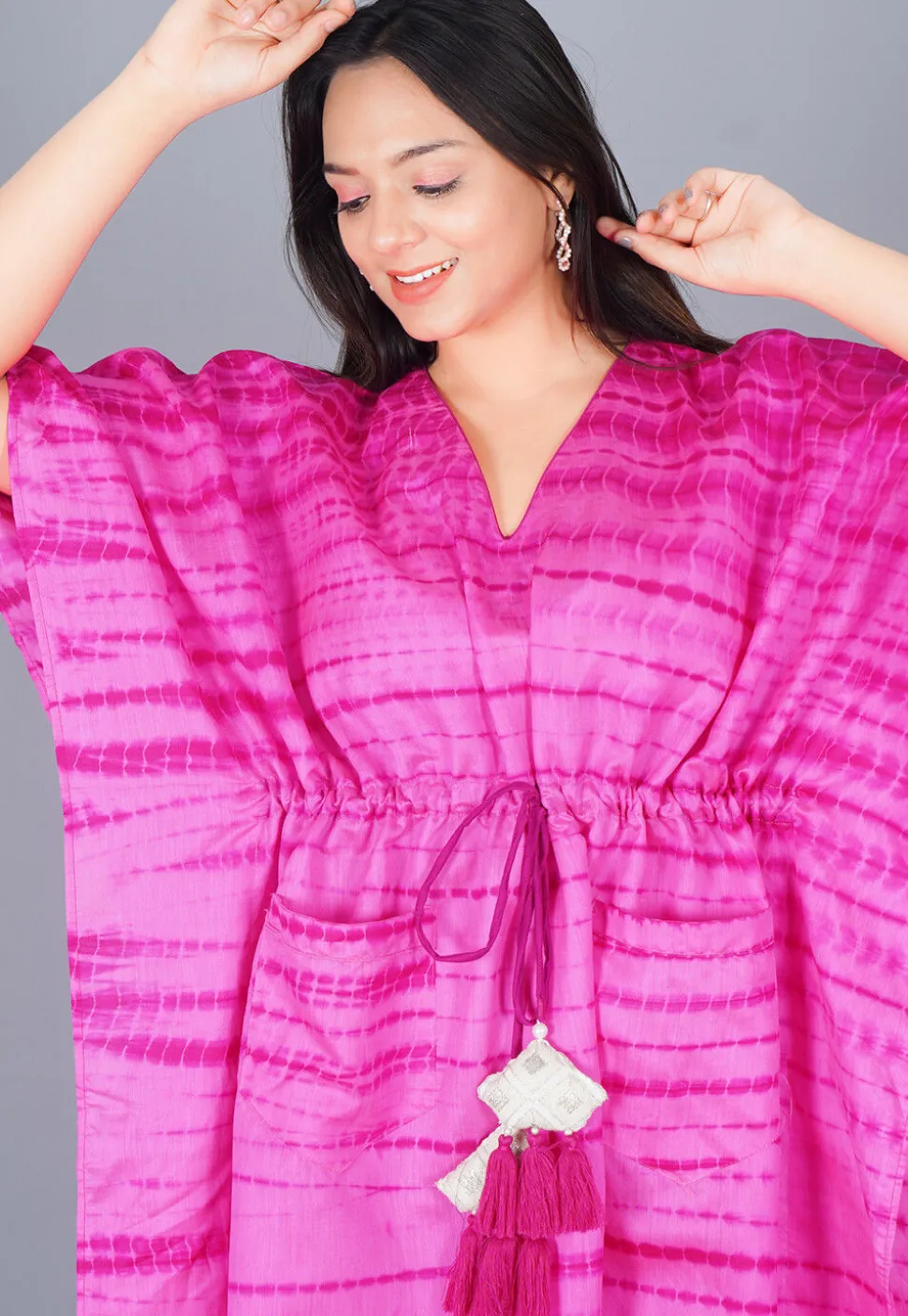 Shibori Dyed Pure Silk Kaftan in Shaded Pink