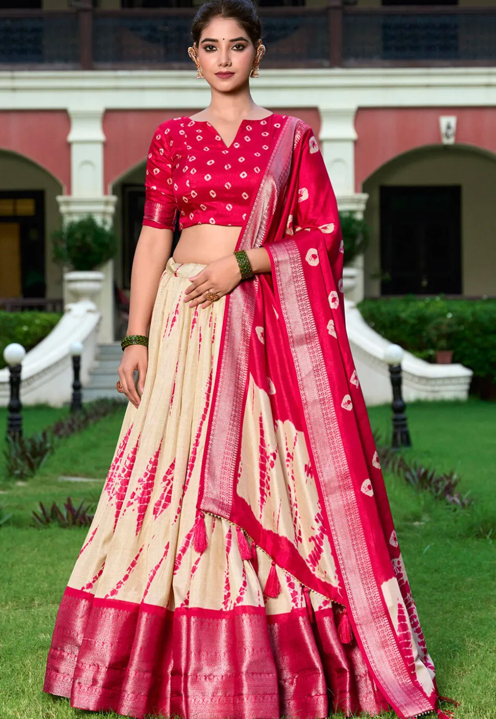 Shibori Printed Art Silk Lehenga in Cream