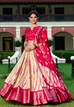 Shibori Printed Art Silk Lehenga in Cream