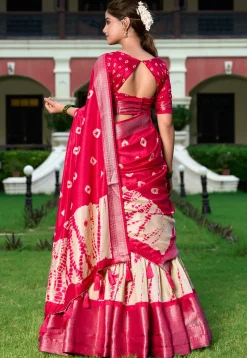 Shibori Printed Art Silk Lehenga in Cream