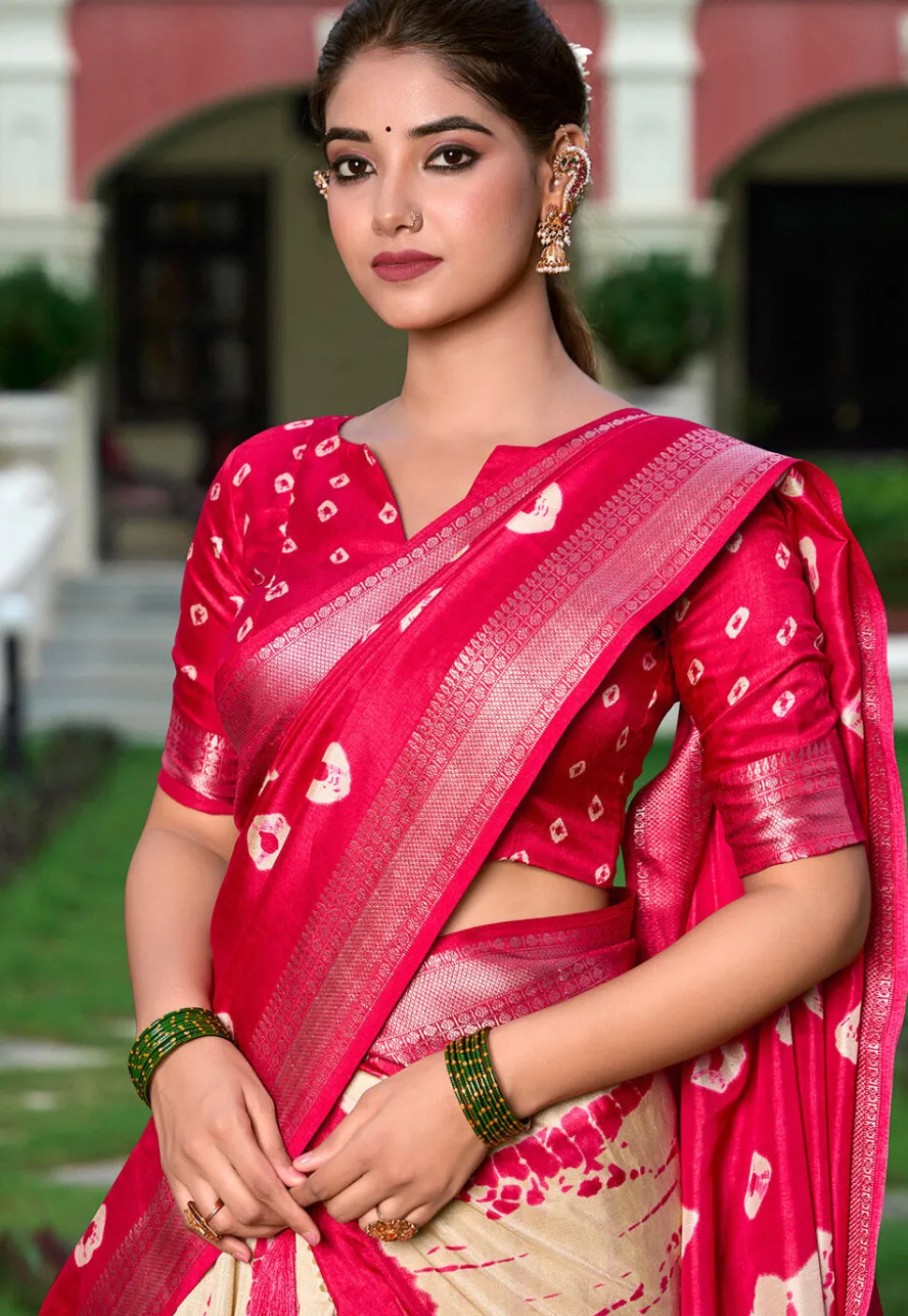 Shibori Printed Art Silk Lehenga in Cream