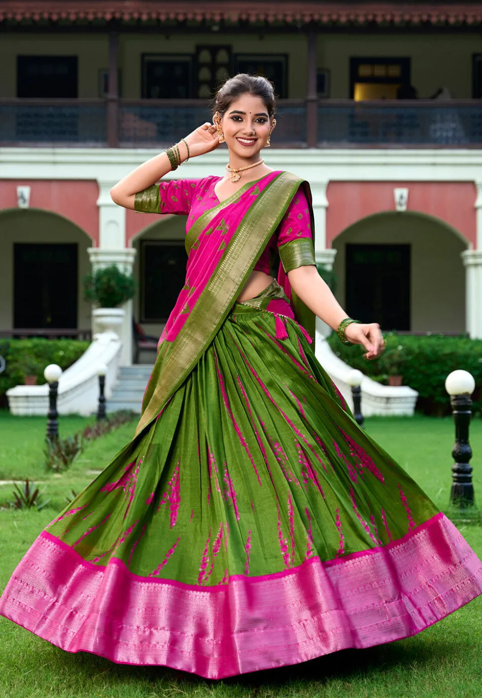 Shibori Printed Art Silk Lehenga in Green