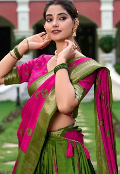 Shibori Printed Art Silk Lehenga in Green