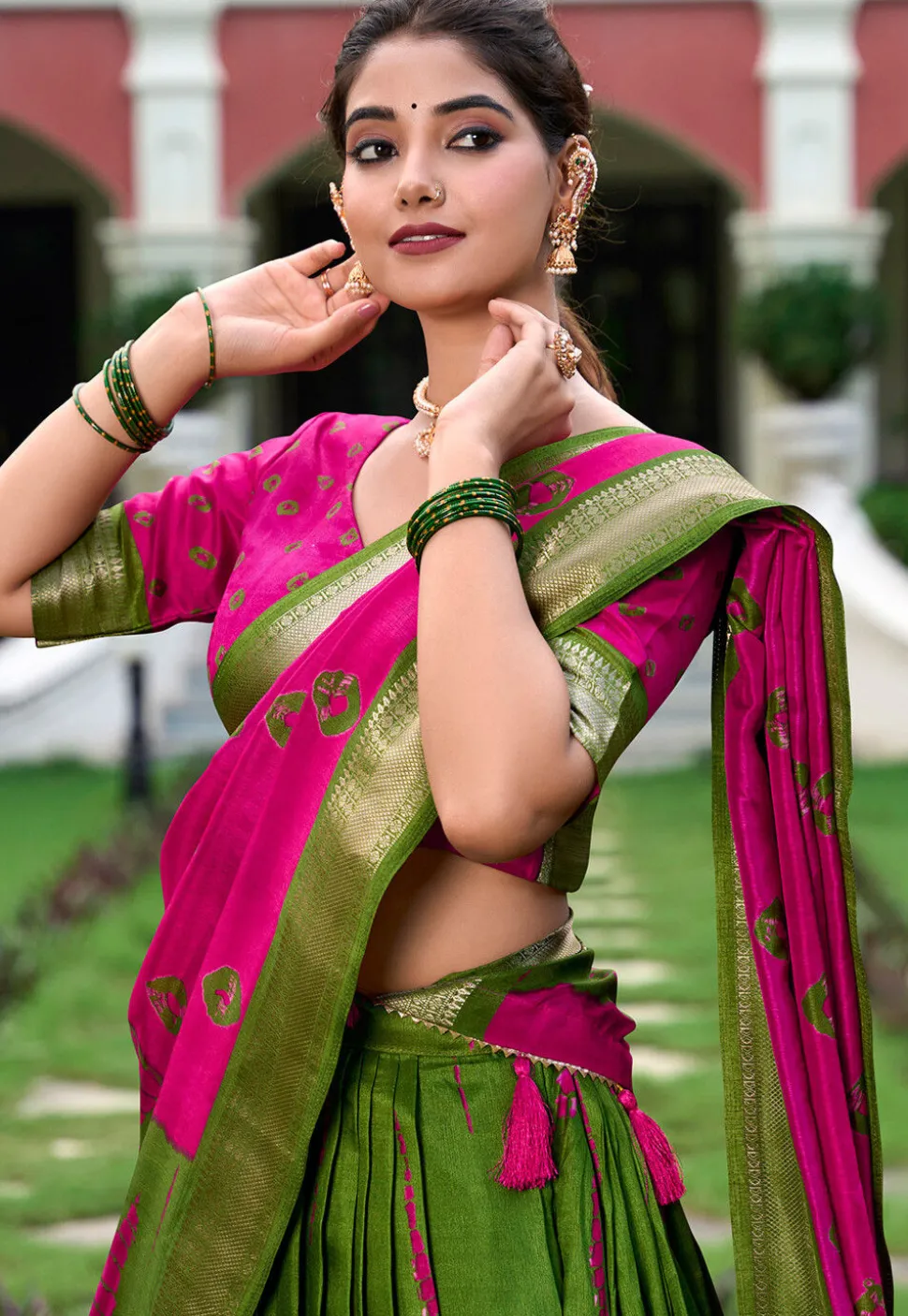 Shibori Printed Art Silk Lehenga in Green