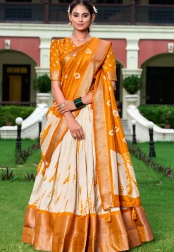 Shibori Printed Art Silk Lehenga in Cream