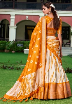 Shibori Printed Art Silk Lehenga in Cream