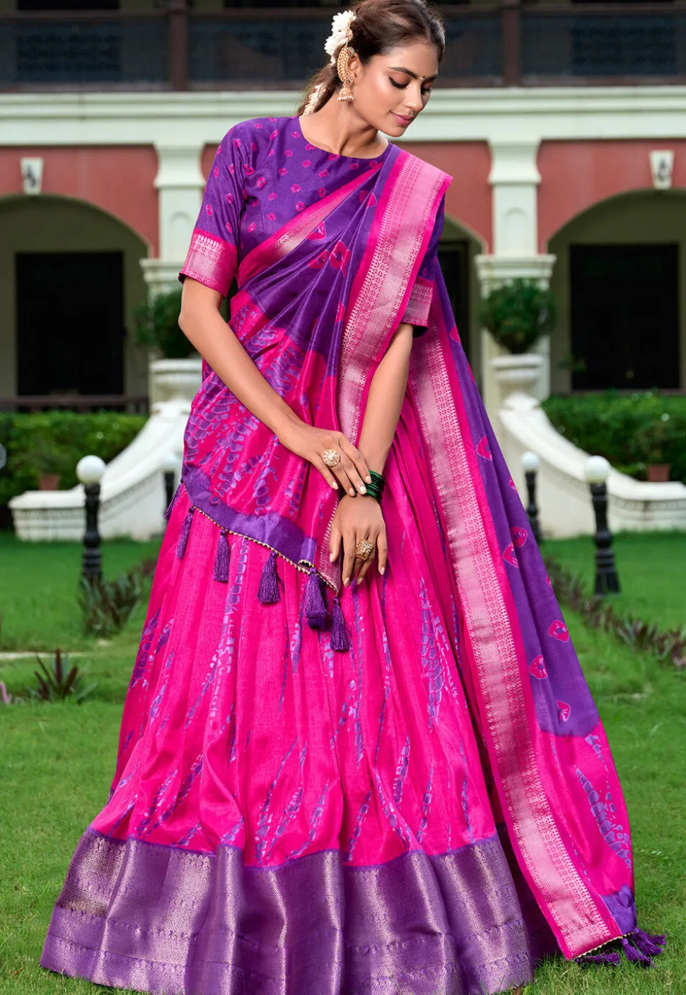 Shibori Printed Art Silk Lehenga in Fuchsia