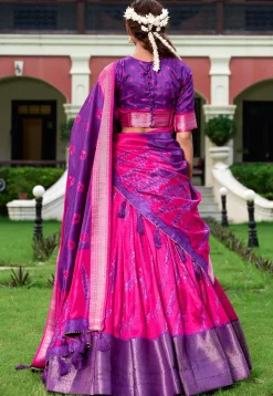 Shibori Printed Art Silk Lehenga in Fuchsia