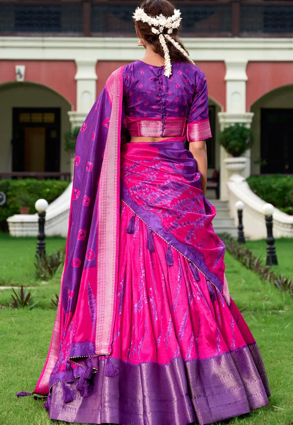 Shibori Printed Art Silk Lehenga in Fuchsia