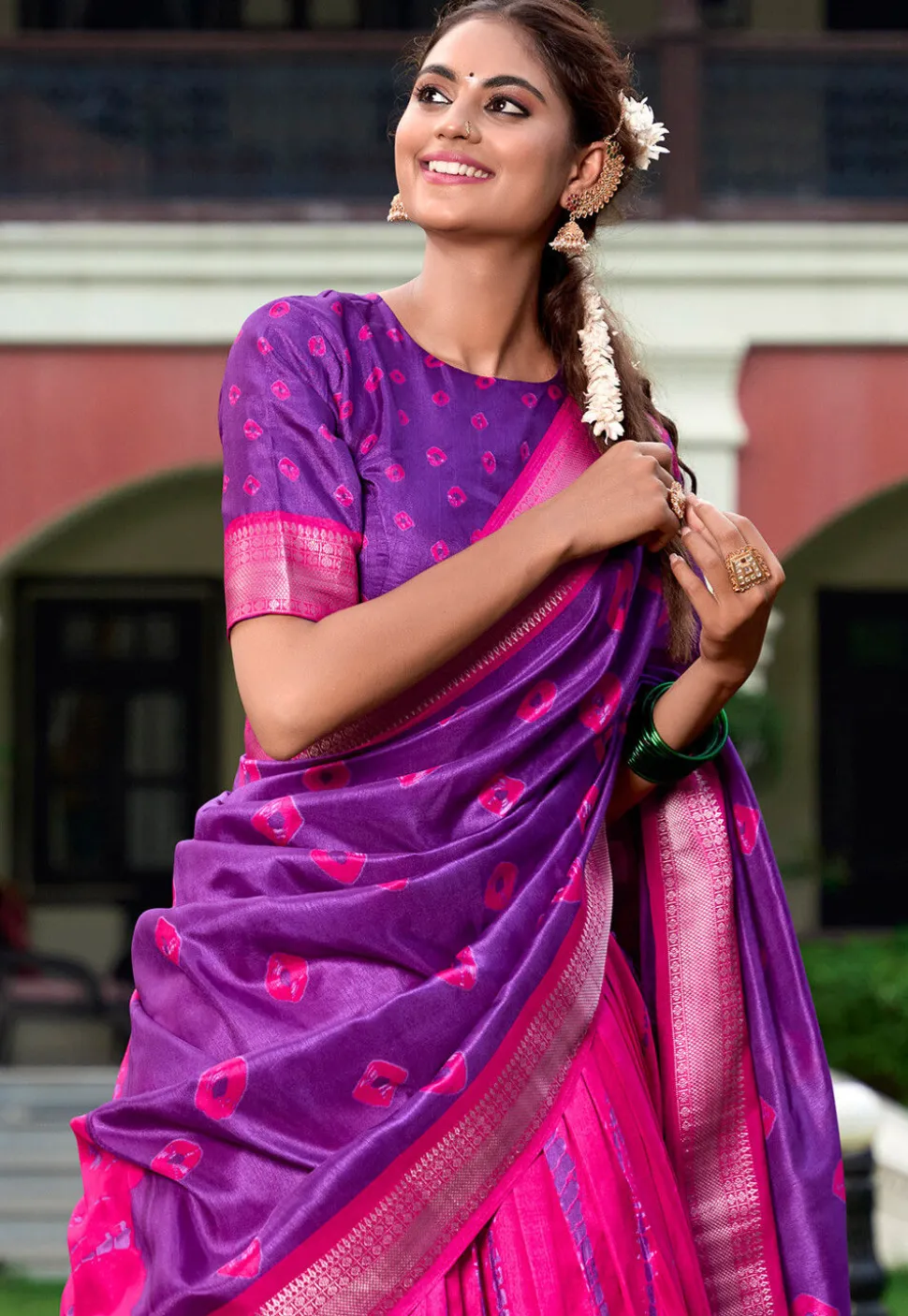 Shibori Printed Art Silk Lehenga in Fuchsia