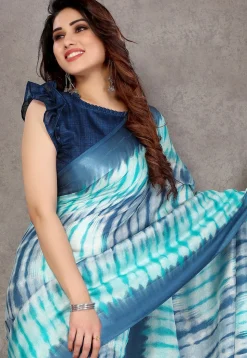 Shibori Printed Cotton Saree in Off White and Teal Blue