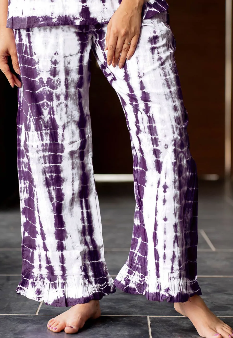Shibori Printed Pure Cotton Co Ord Set in White and Dark Purple