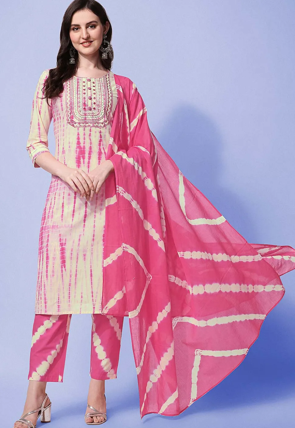 Shibori Printed Pure Cotton Pakistani Suit in Cream and Pink