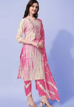 Shibori Printed Pure Cotton Pakistani Suit in Cream and Pink
