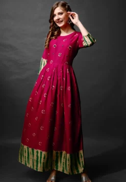 Shibori Printed Rayon Long Kurta in Fuchsia