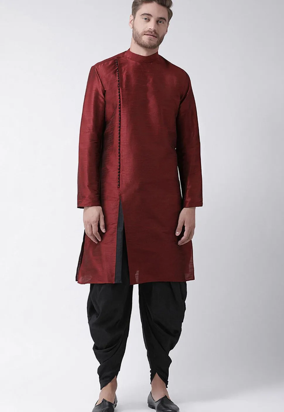 Solid Color Art Dupion Silk Dhoti Kurta in Maroon