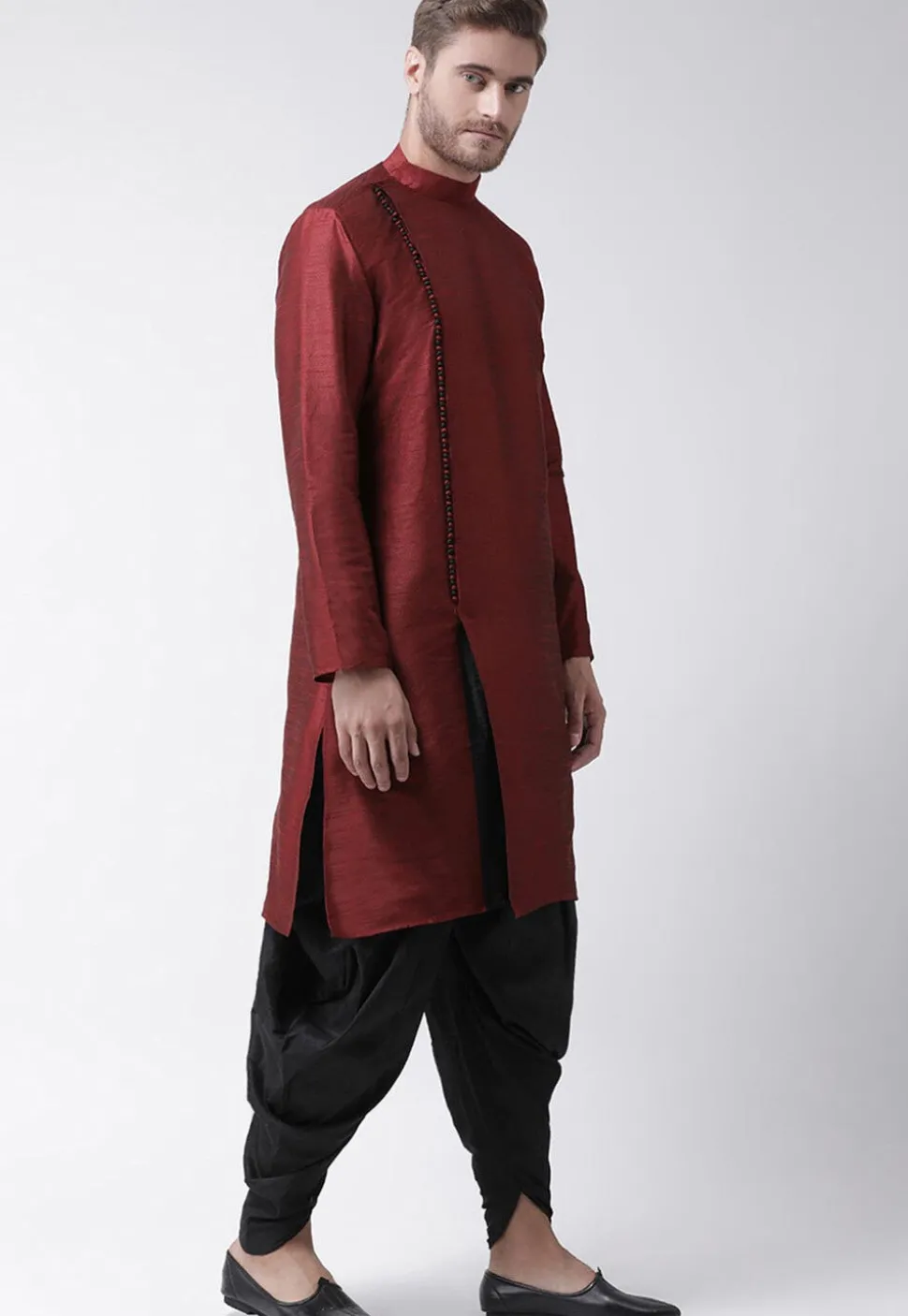 Solid Color Art Dupion Silk Dhoti Kurta in Maroon