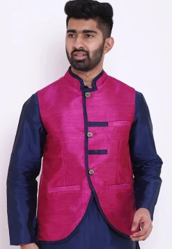 Solid Color Art Dupion Silk Nehru Jacket in Fuchsia