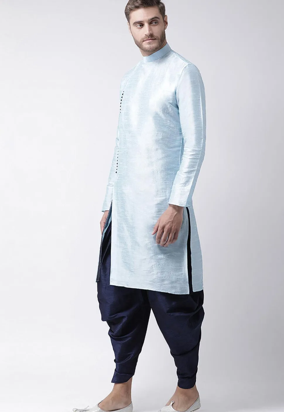 Solid Color Art Dupion Silk Dhoti Kurta in Light Blue