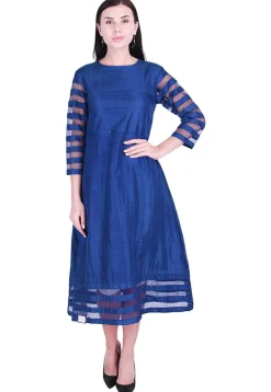 Solid Color Art Silk A Line Dress in Royal Blue