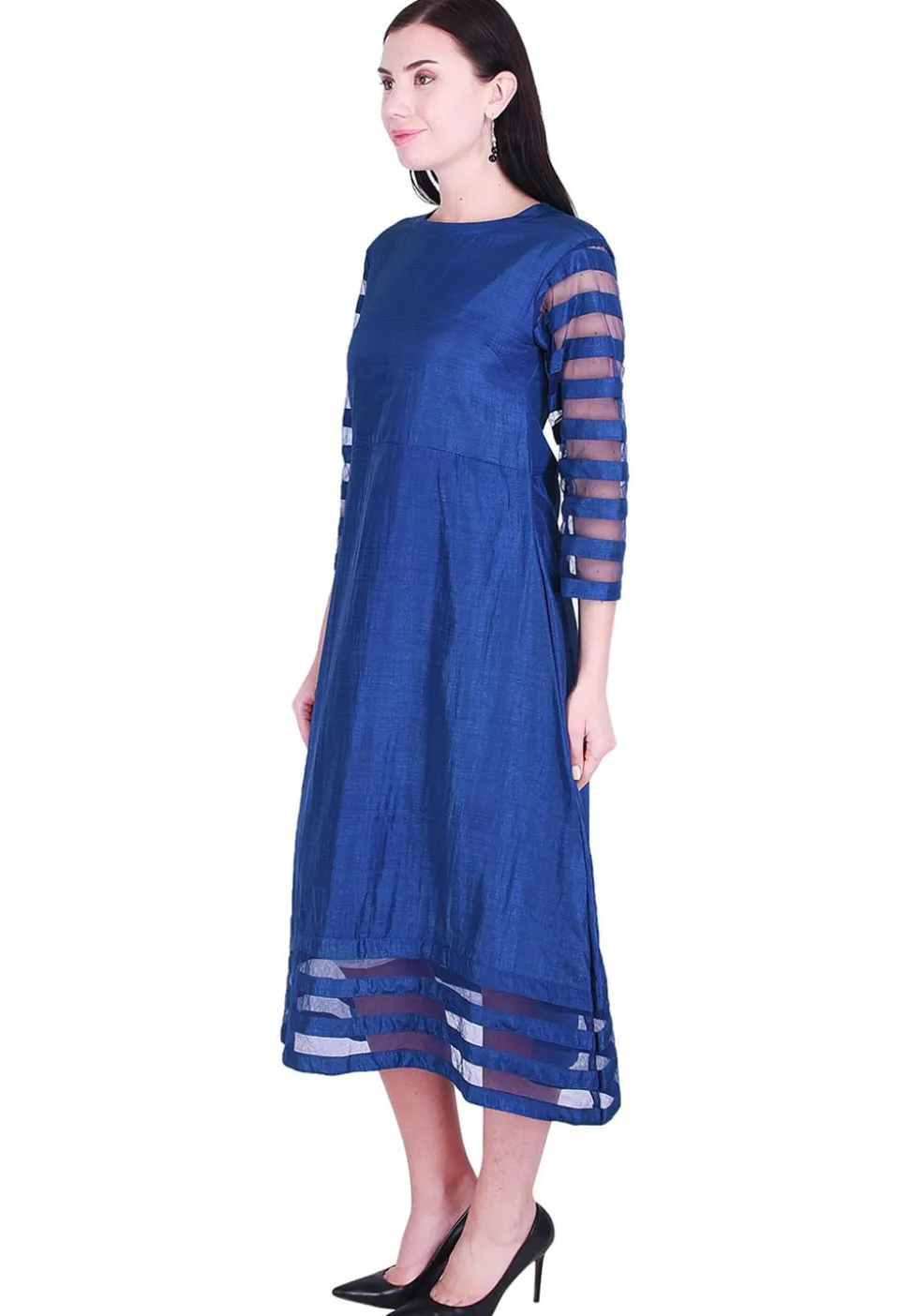 Solid Color Art Silk A Line Dress in Royal Blue