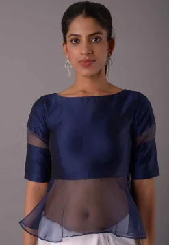 Solid Color Art Silk and Tissue Blouse in Navy Blue